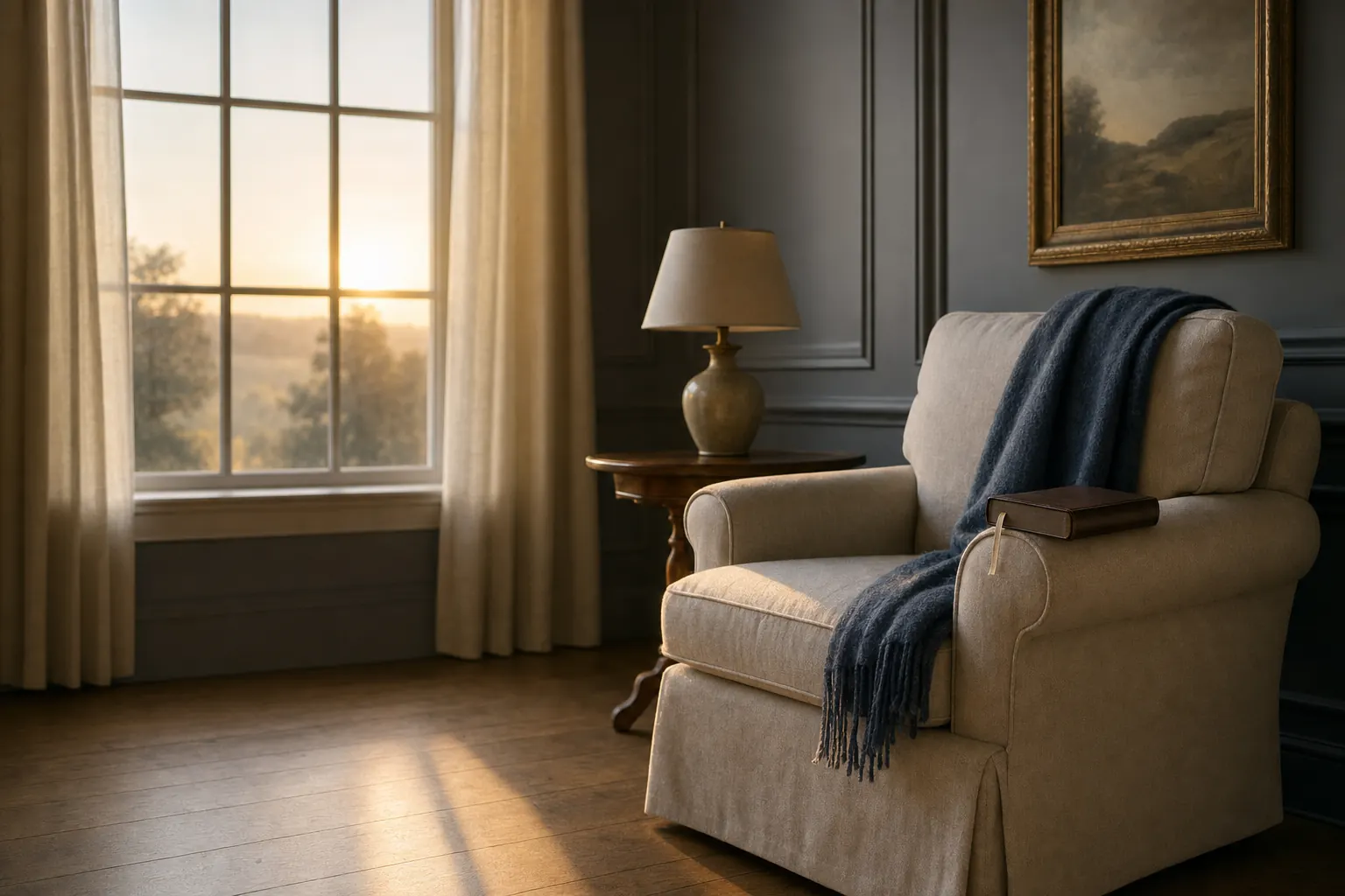 Empty cream armchair by a tall window at sunrise, a small closed leather Bible resting on the arm with a pale ribbon marker