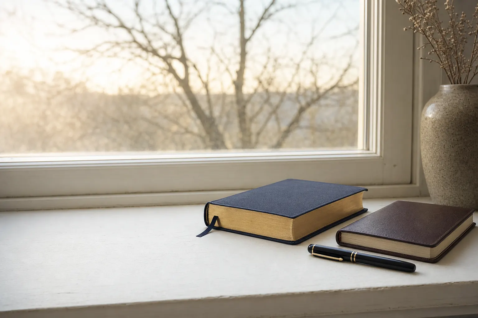 Closed navy Bible with gilt page edges beside a brown leather notebook and a capped fountain pen on a white windowsill at sunrise
