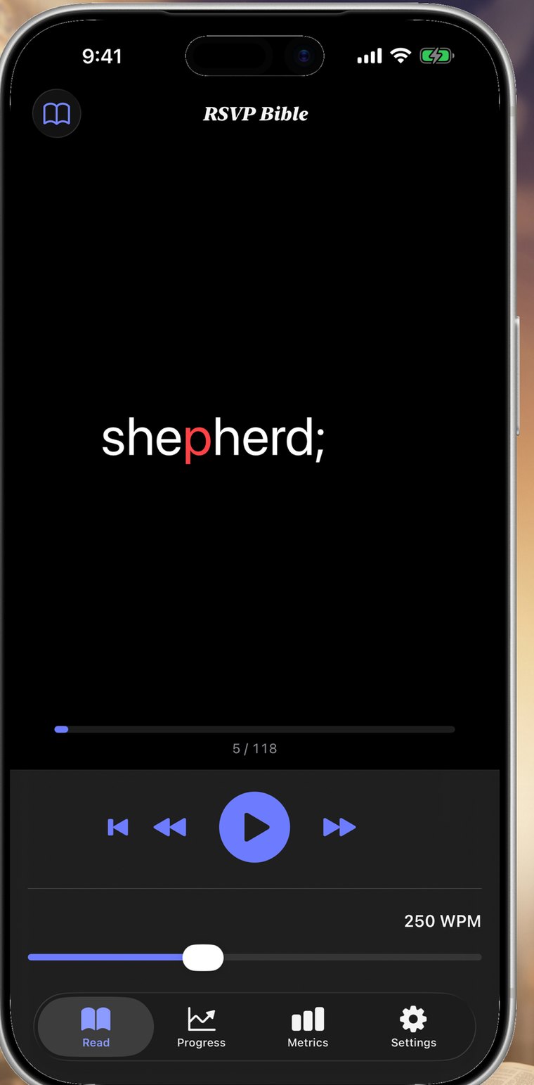 RSVP Bible reading screen showing the single word shepherd on a black background with one letter highlighted in red, playback controls and a 250 WPM speed slider
