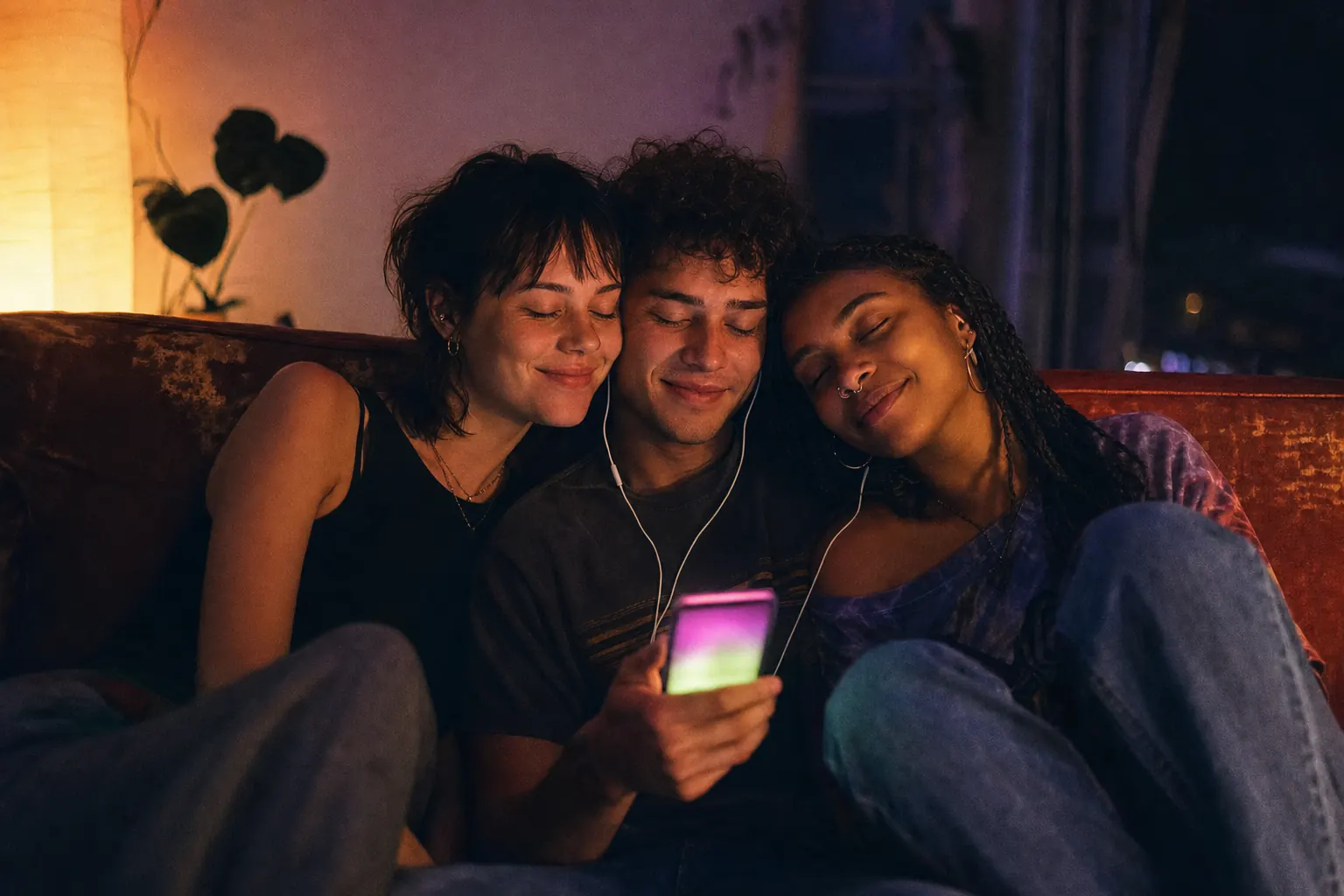 Three friends leaning together on a sofa at night, sharing earbuds, one holding a phone glowing pink and green