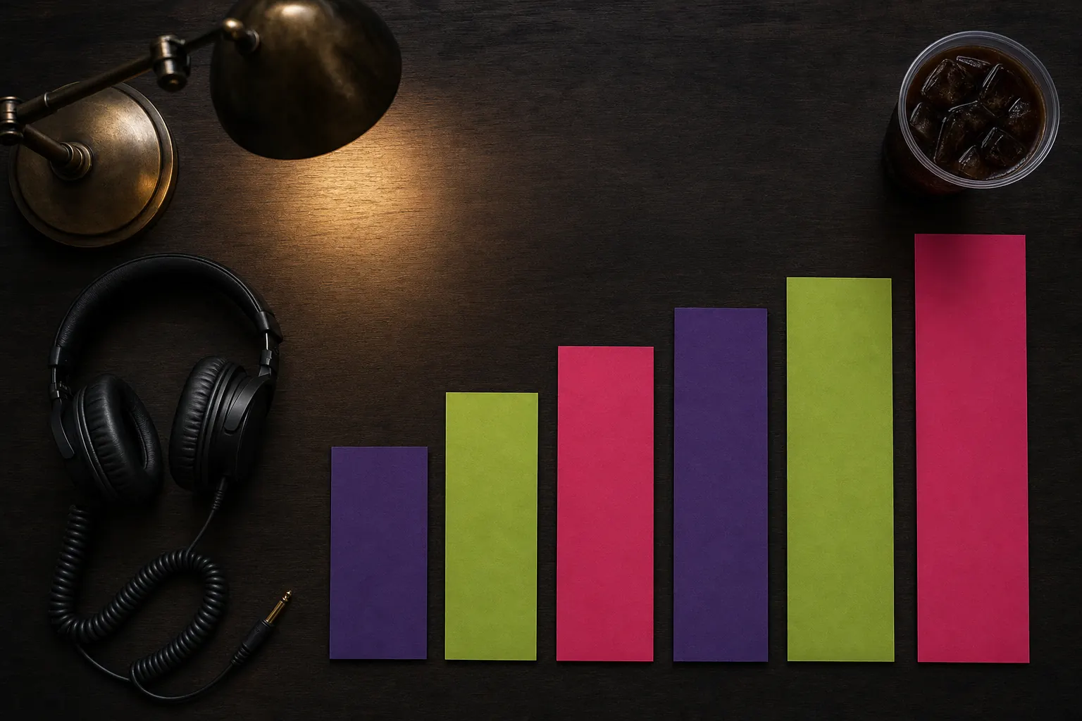 Overhead dark desk with purple, lime and magenta cards arranged as a rising bar chart beside coiled headphones and a brass lamp