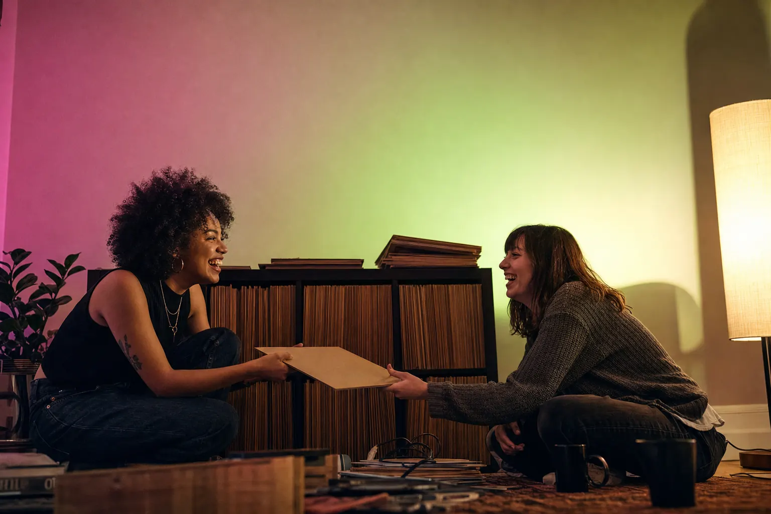 Two friends laughing on a rug, passing a blank record sleeve between them in front of a shelf of spine-out records