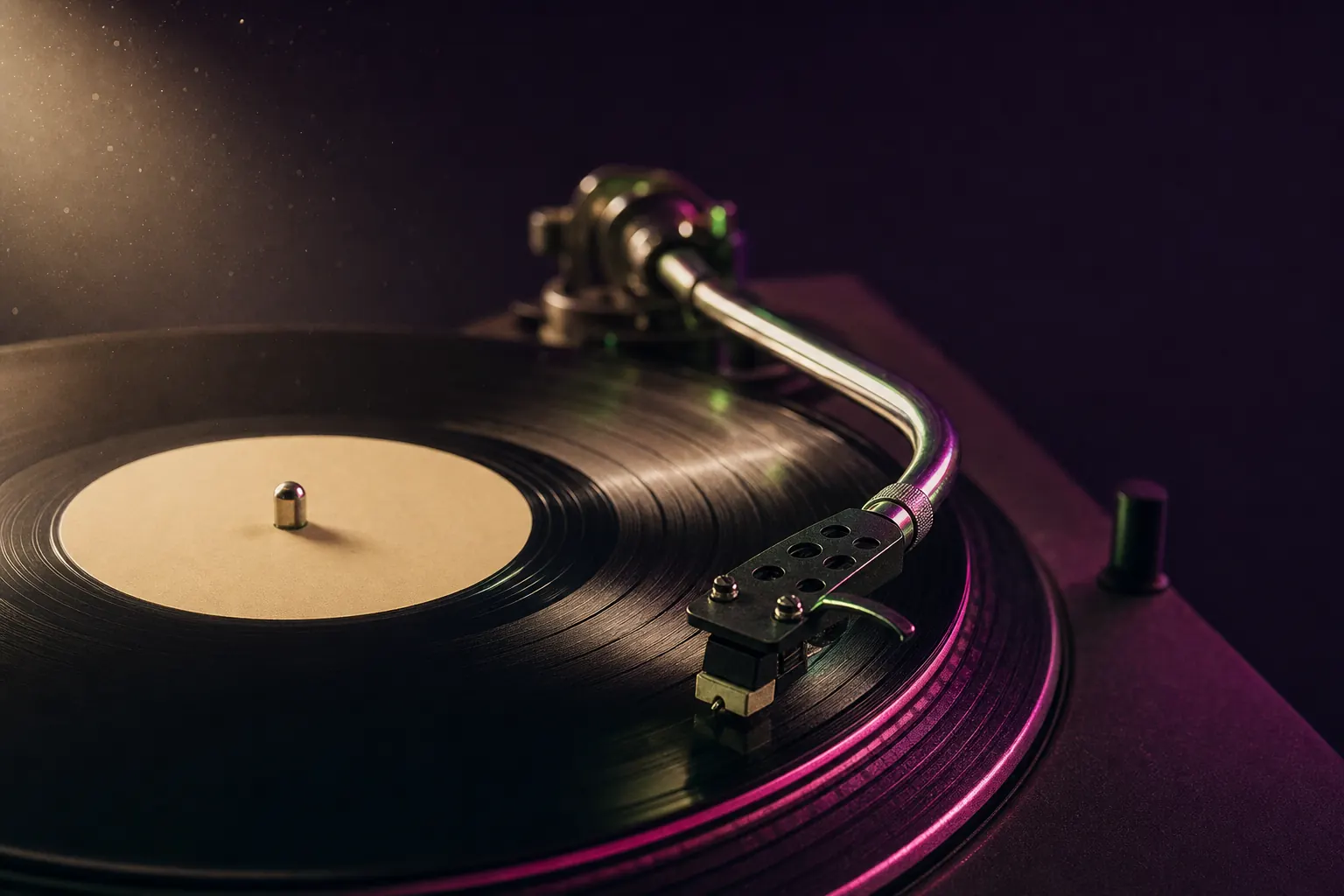Macro close-up of a turntable stylus tracking the grooves of a spinning record with a blank cream label