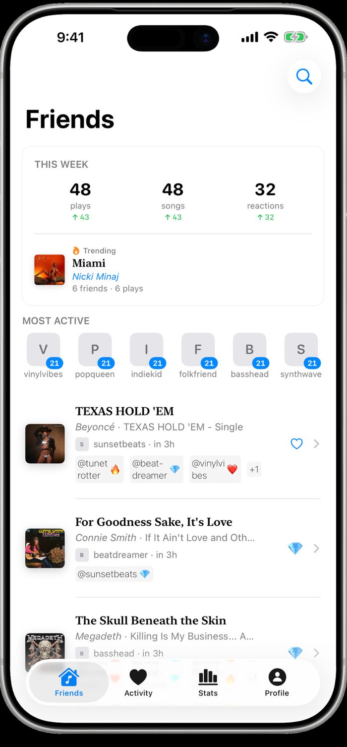 Soundbooth Friends tab showing a weekly summary of 48 plays and 32 reactions, a trending track, a most active friends row, and recent listens with emoji reactions