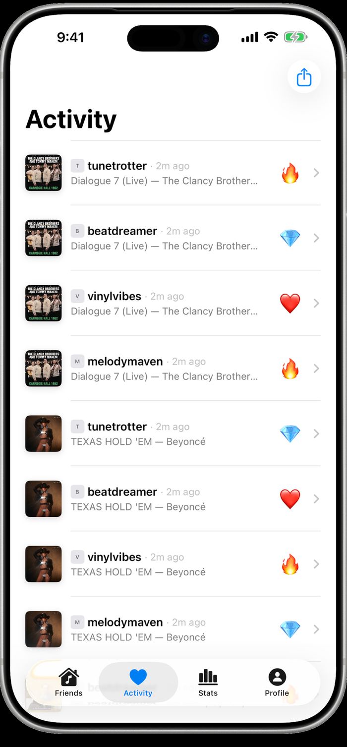 Soundbooth Activity tab listing friends reacting with fire, heart and gem emoji to the same tracks minutes apart