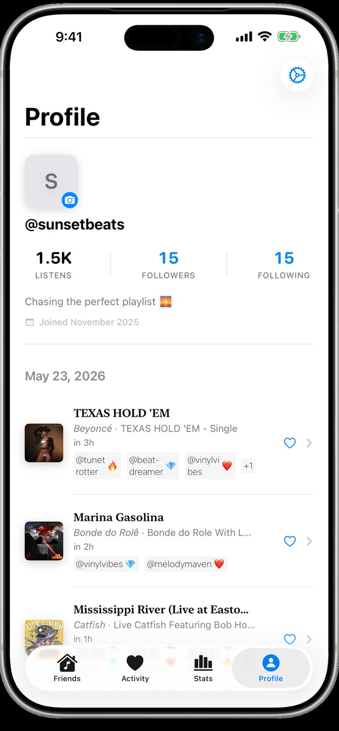 Soundbooth profile screen showing 1.5K listens, 15 followers, 15 following, a bio, and a dated listen history with emoji reactions from friends