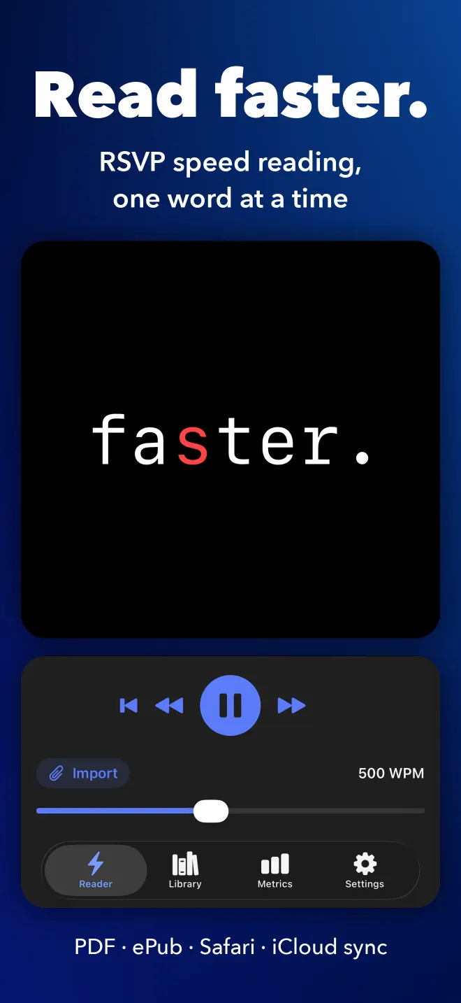 SpeedyReader showing one word at a time at 500 words per minute