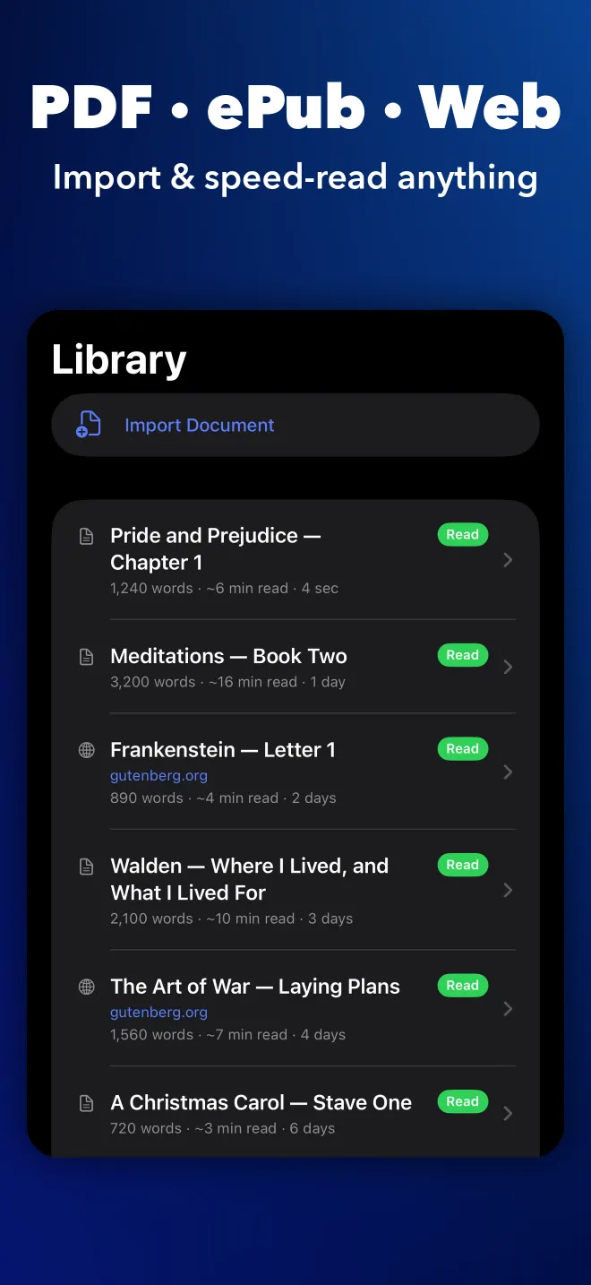 Library of imported PDFs, ePubs and web articles
