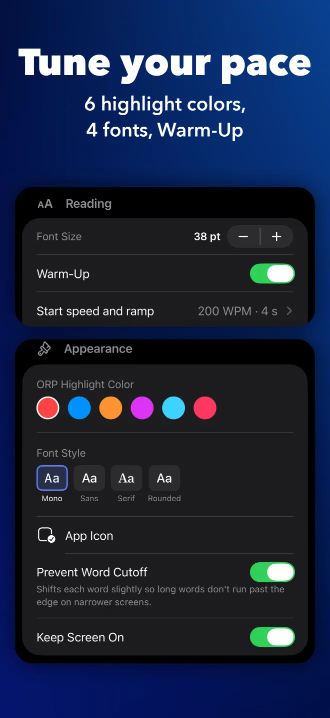 Reading settings with Warm-Up, highlight colors and fonts
