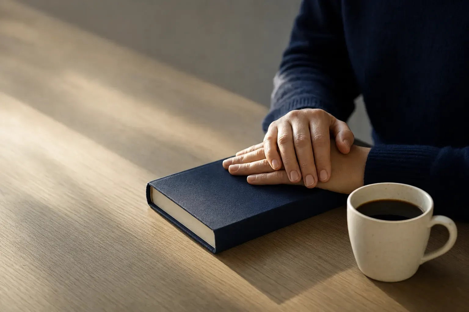 Hands folded on a closed navy hardcover book on an oak desk beside a white mug of black coffee in raking morning light