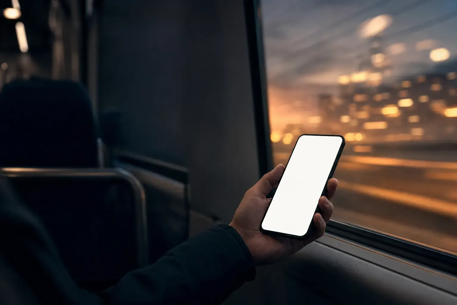A hand holding a phone with a blank glowing screen in a dim train carriage at dusk, amber city lights blurred beyond the window