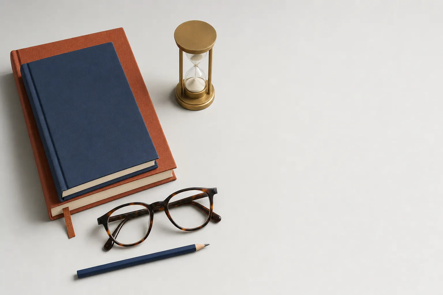 Overhead flat lay of two stacked cloth-bound books, folded tortoiseshell reading glasses, a brass hourglass and a navy pencil on a pale grey surface