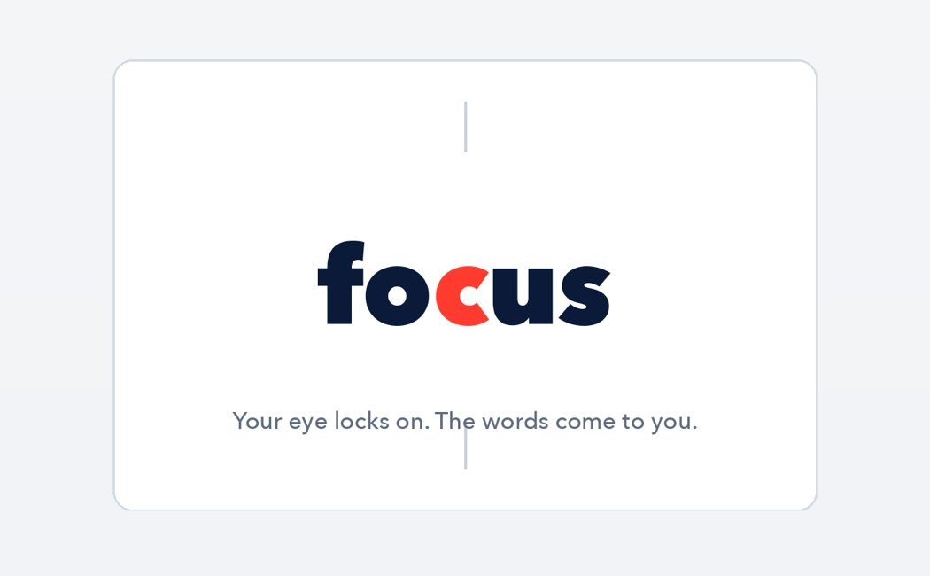 A single word "focus" displayed with the letter c highlighted in red between two thin alignment marks