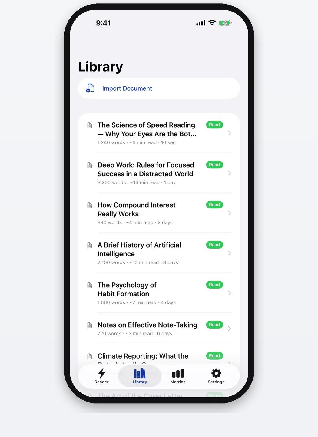 SpeedyReader library listing imported documents with word counts and estimated reading times, and an Import Document button at the top